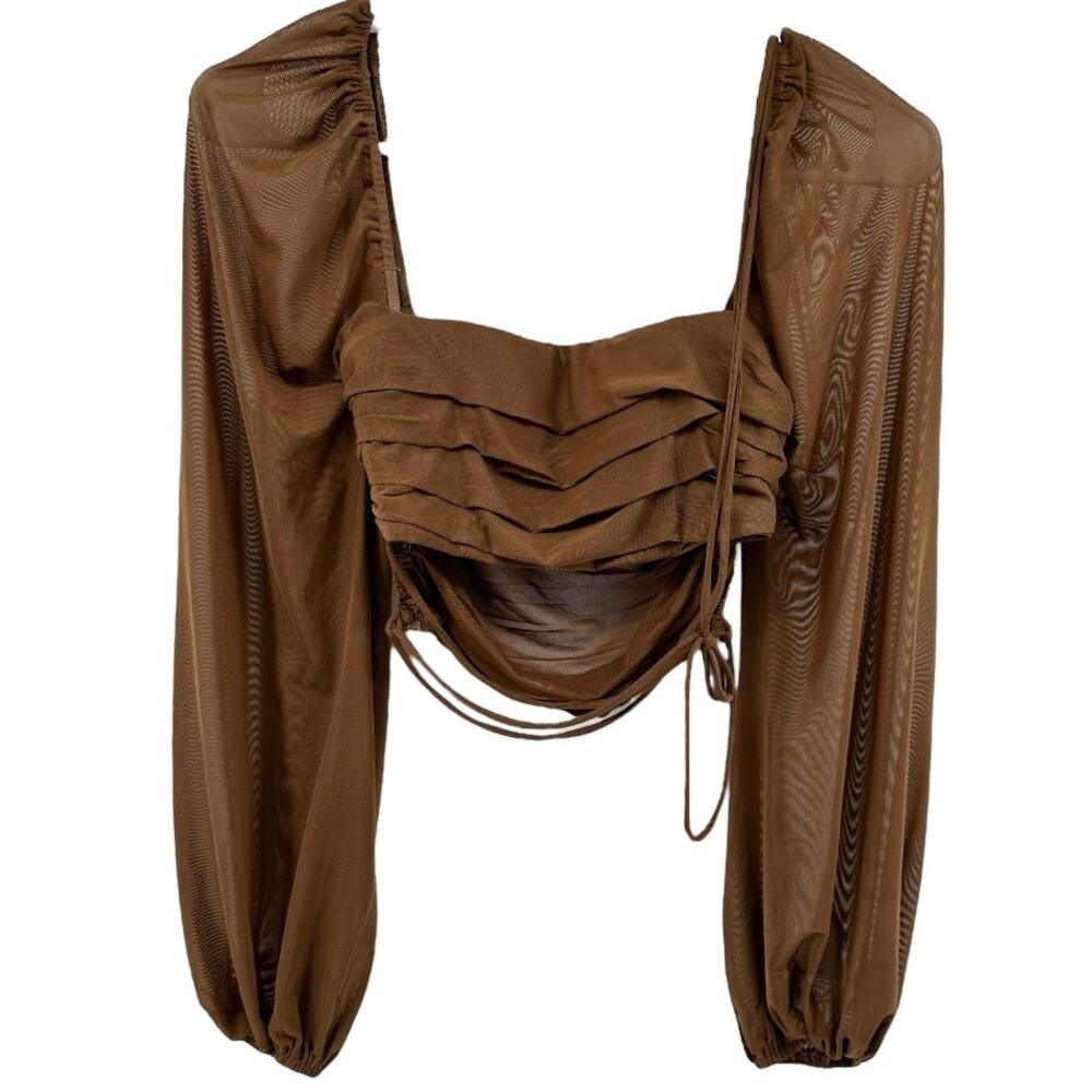 Princess Polly Long Sleeve Crop Top Sheer Mesh Layered Pleated Brown 2